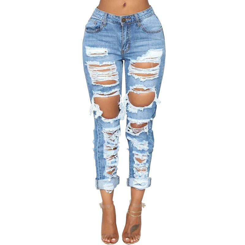 

Fashion Ripped Jeans For Women Denim Straight Pants Trousers Mid Waist Casual Skinny Jeans Torn Jeggings boyfriend jeans 2020