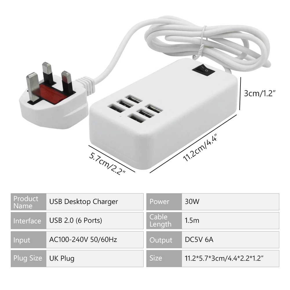 Высокое напряжение 5 В 6A 6-портовое гнездо для зарядки USB синий светодиодный