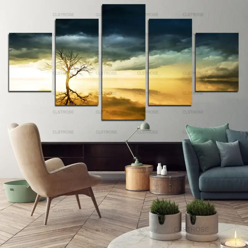 

Barren Tree and Flying Sand Poster 5Pcs Home Bedroom Living Room Wall Art Irregular Decorative Canvas Painting Hd Print