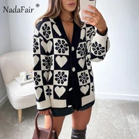 nadafair winter za cardigan women 2021 pattern print button up autumn long sleeve oversize knitted cardigans sweater plus size