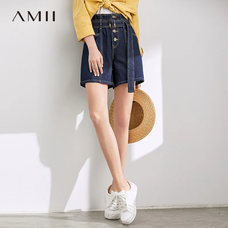 Amii минималистичные джинсовые короткие брюки осенние женские свободные с высокой