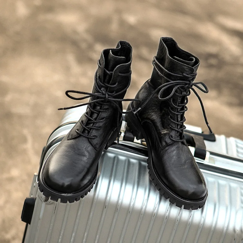 

LIBIELIY Genuine Mapi Lady Boots Thick Heel Women Lace Up British Style Female Round Toe Lace-up Short Boots Ankle Boots