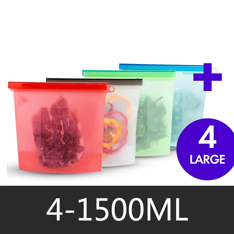 4-1500ml 1000 мл 1500 мл силиконовый мешок для хранения Многоразовые силиконовые пакеты для хранения продуктов для пищевых уплотнений Ziplock морозильная камера для приготовления пищи свежие пакеты - Цвет: 4-1500ml