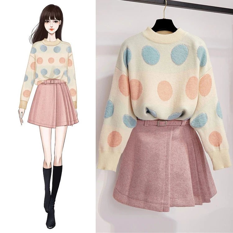 Женский комплект из двух предметов разноцветный свитер в горошек с длинным