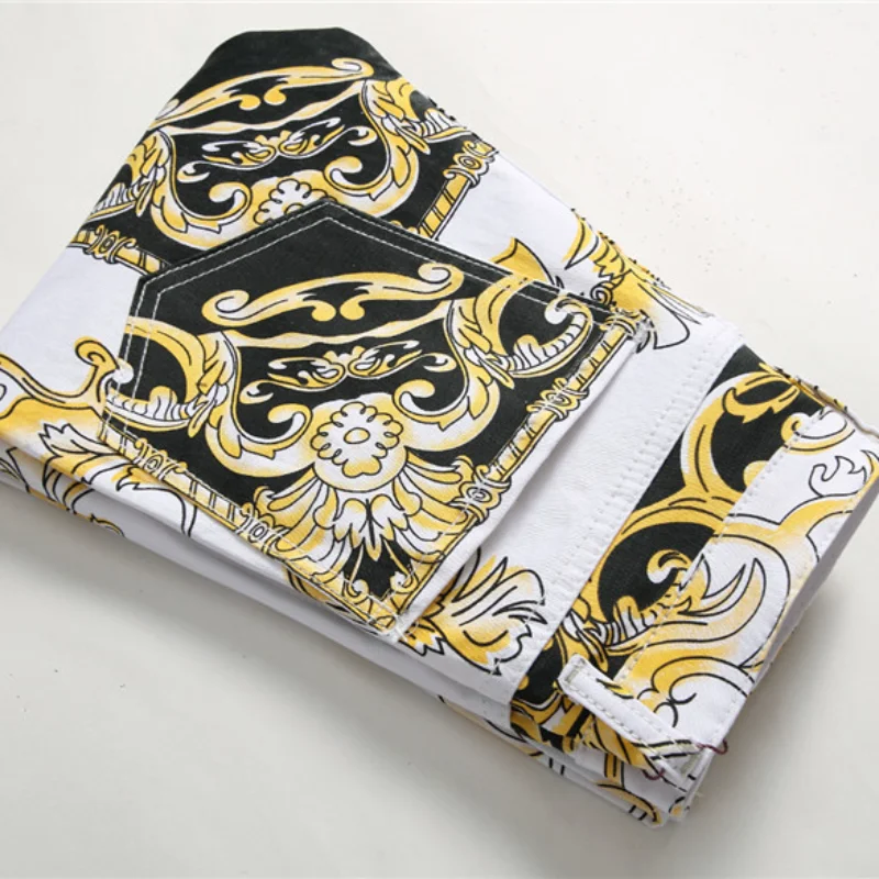 2021 New Fashion Yellow Flowers Print Stylish Men Slim Jeans Trousers Hip Hop Denim Pencil Pants For Nightclub Pantalones Hombre