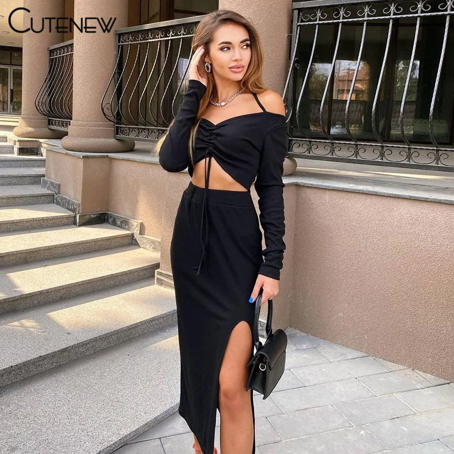 

Cutenew Sexy Hollow Halter Shirring Split Strapless Maxi Dresses Women Autumn Elegant Casual Long Sleeve Stretch Lady Streetwear