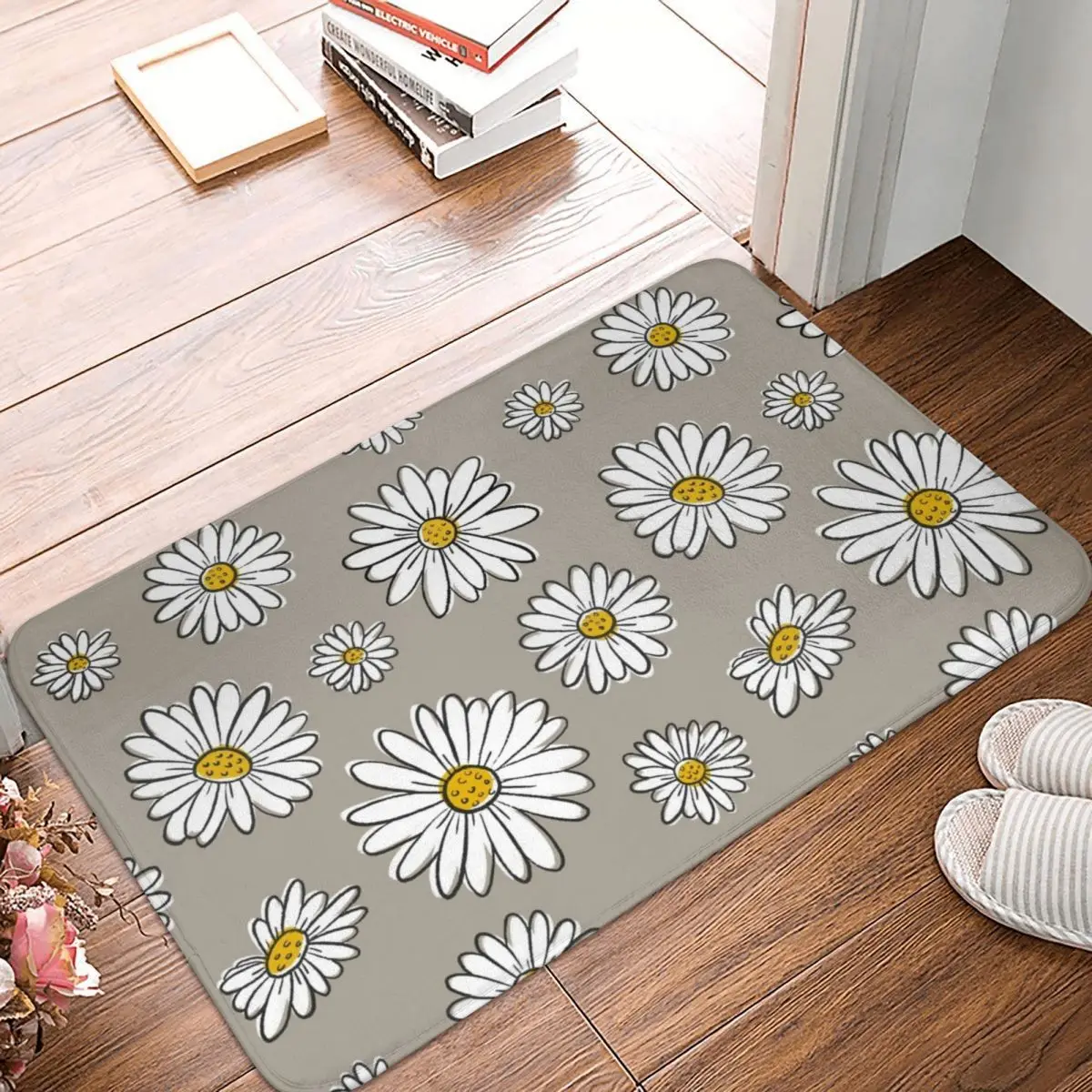 

Daisies On Gray Doormat Carpet Mat Rug Polyester PVC Non-Slip Floor Decor Bath Bathroom Kitchen Living Room 40x60