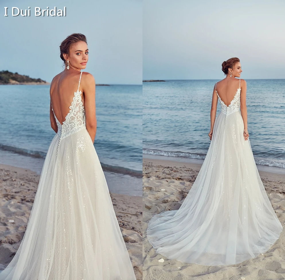 Пляжное свадебное платье трапециевидной формы с кружевом и блестками|Свадебные
