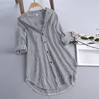 Женская рубашка-туника в полоску, шикарная блузка в полоску с кружевом, на пуговицах, с V-образным вырезом и длинным рукавом, блузка большого размера 5xl, осень размера плюс
