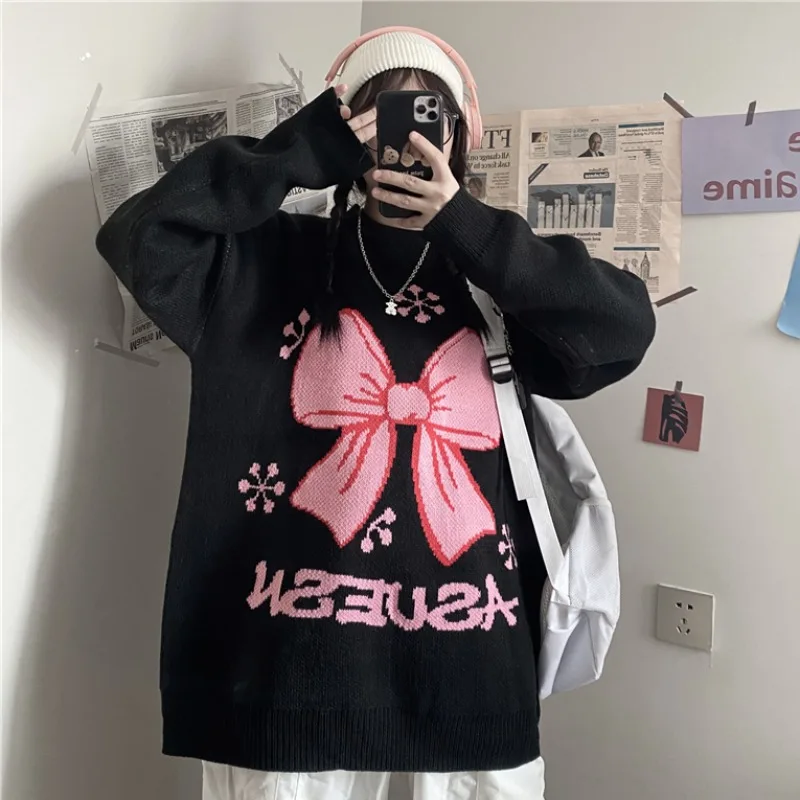 

Kimutomo Casual Bow Letter Knitted Sweater Women Spring 2021 Korea New Style Female O-neck Long Sleeve Top Streetwear Loose