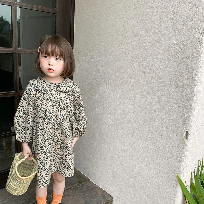 

Girls Clothes 2021 Autumn Girls' Korean Cute Little Fresh Broken Flower Turn-down Collar Long Sleeve Casual Pullover Dress