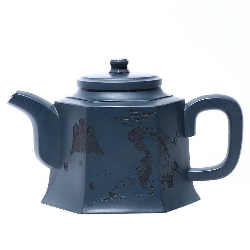 

Yixing purple clay teapot master handmade landscape eight square teapot