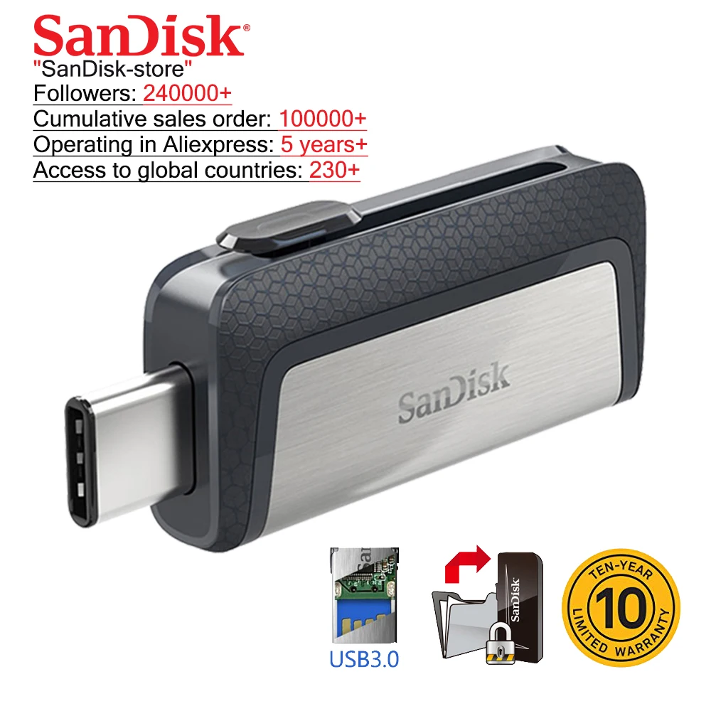 SanDisk type C USB 3 1 двойной интерфейс портативный флэш накопитель 128 Гб 64 ГБ 32 16 ультра