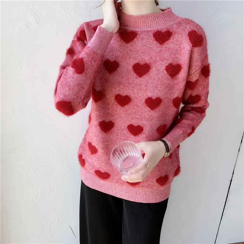 

Женский вязаный свитер с принтом сердечек, теплый толстый пуловер с длинным рукавом и имитацией бархата, зимняя одежда с круглым вырезом, св...