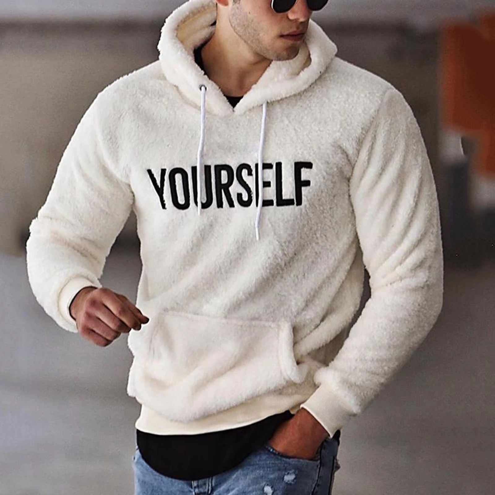 New Autumn and Winter Warm Men´s Wool Hooded Sweatshirts Letter Print Hooded Pullover Kangaroo Pocket Hooded Fleece Sweatshirts