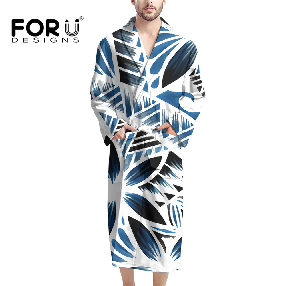 

FORUDESIGNS Mens Bule Faatafa Design Bathrobe Long Nightgown Pockets Home Cothes Plush V-Neck Autumn Winter Kimono Spa Robe