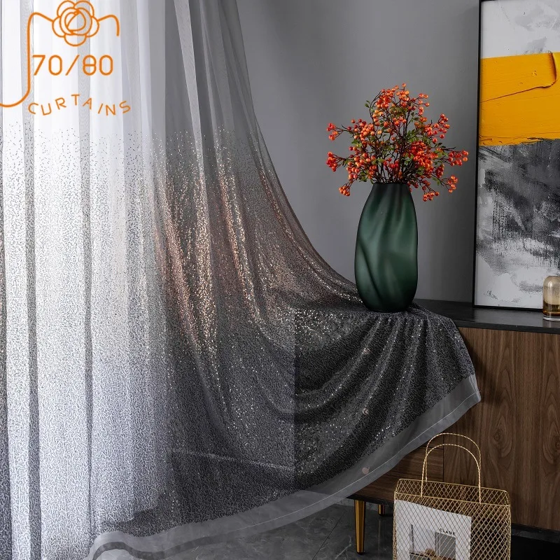 Nordic Light Luxury Window Screening Embroidery Yarn Sequins Curtains for Living Room Bedroom Customized Finished Product