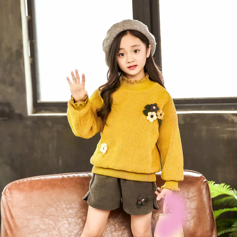 Новая одежда для девочек свитер с цветочным рисунком и юбка, штаны костюм для девочек плотный бархатный комплект для девочек осенне-зимний теплый детский костюм для девочек