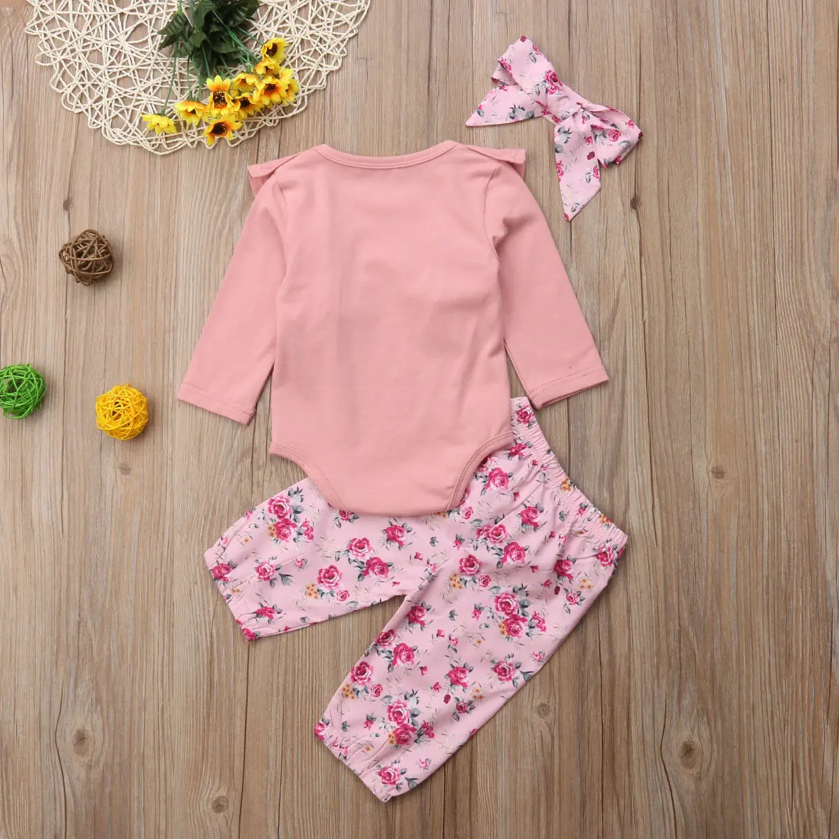 

3pcs Baby Girls Solid Ruffle Long Sleeve Tops T shirt High Waist Floral Pants Headband Outfits Newborn Kids Cotton Clothes Set