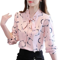 women digital print long sleeve blouse top buttons cuff necktie bowknot pullover