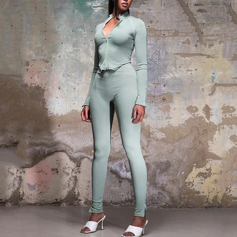 

Tracksuit 2pcs Women Zipper Cardigan + Side Split Jogger Pants 2 Piece Sets Female Fashion Casual Sportwear Suits