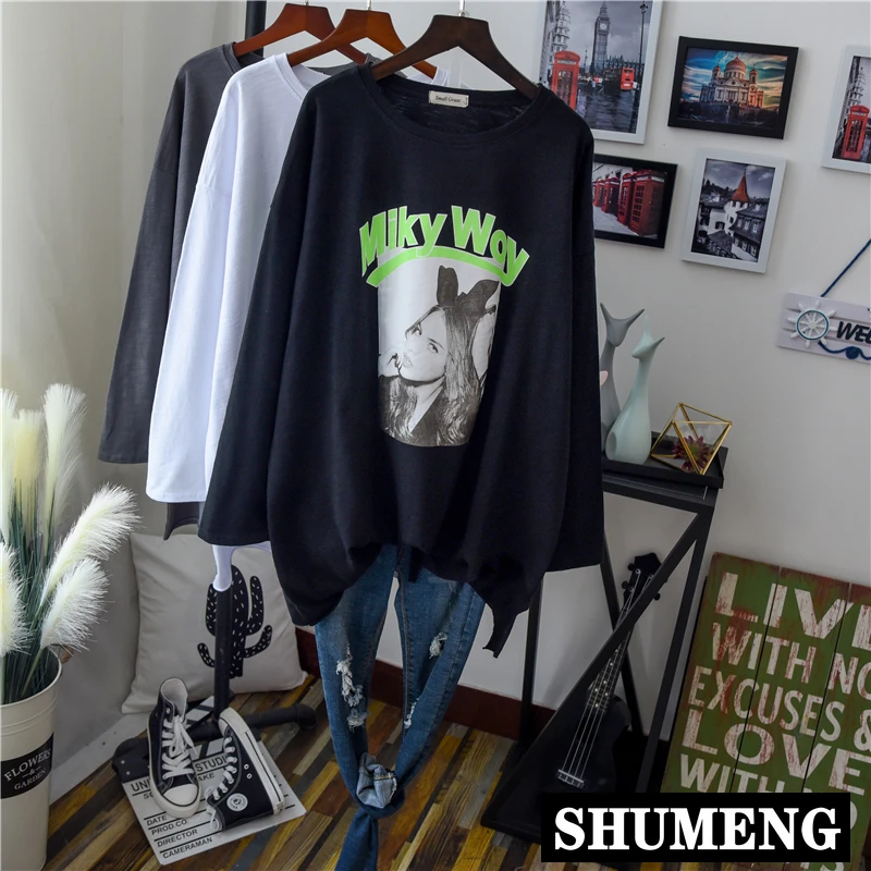 Размера плюс с длинным рукавом Футболка длинными рукавами в Корейском стиле