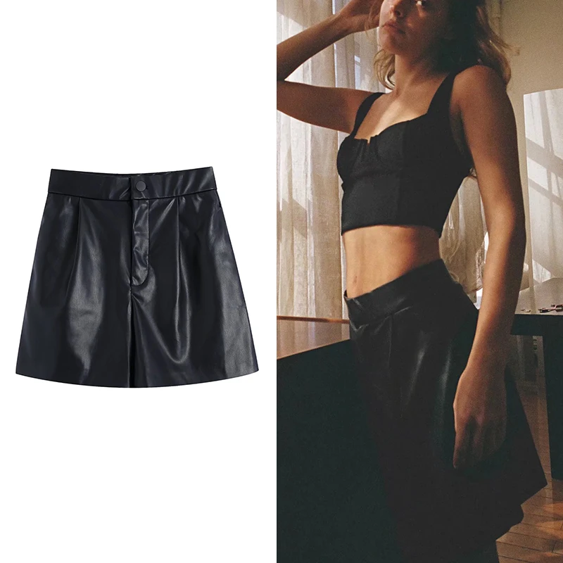 

ZA Autumn Winter Women PU Shorts 2021 New Loose Solid Leather Shorts High Waist Female Fashion Pants Causal Trousers