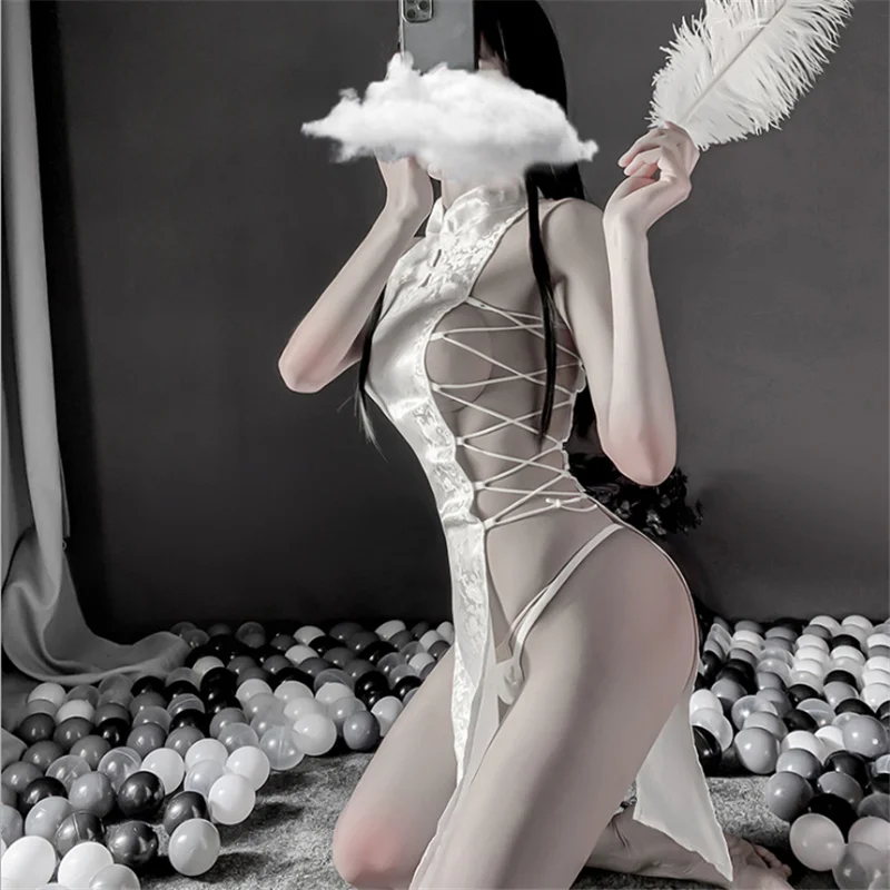 

Plus Size Chinese Traditional Dress Sexy Lingerie Bandage Temptation Clothing China Style Side Slit Hollow Cheongsam Qipao