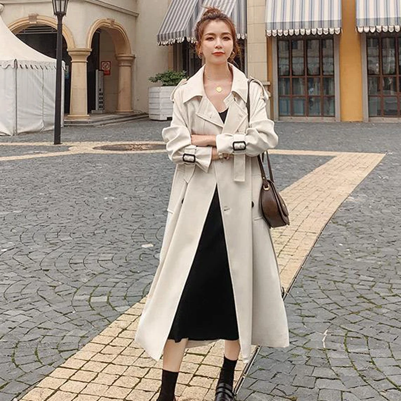 

CZJMS Autumn Quality Trench Coat Women Double Breasted with Belt Jacket Lady Long Coat Female Outerwear Korean Fashion New 2021