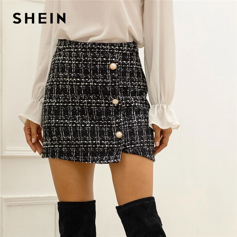 SHEIN черная клетчатая твидовая юбка карандаш с жемчужинами на пуговицах спереди