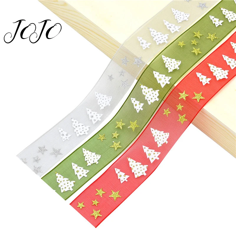 

JOJO BOWS 5m Bronzing Organza Ribbon For Craft Christmas Tree Pentagram Printed Tape For DIY Hairbows Christmas Party Decoration