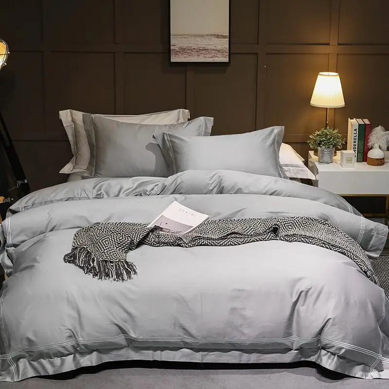 

43 White gray Egyptian cotton Duvet Cover Set Embroidery 4pcs Queen/King Size Bedclothes hotel Bedding Sets