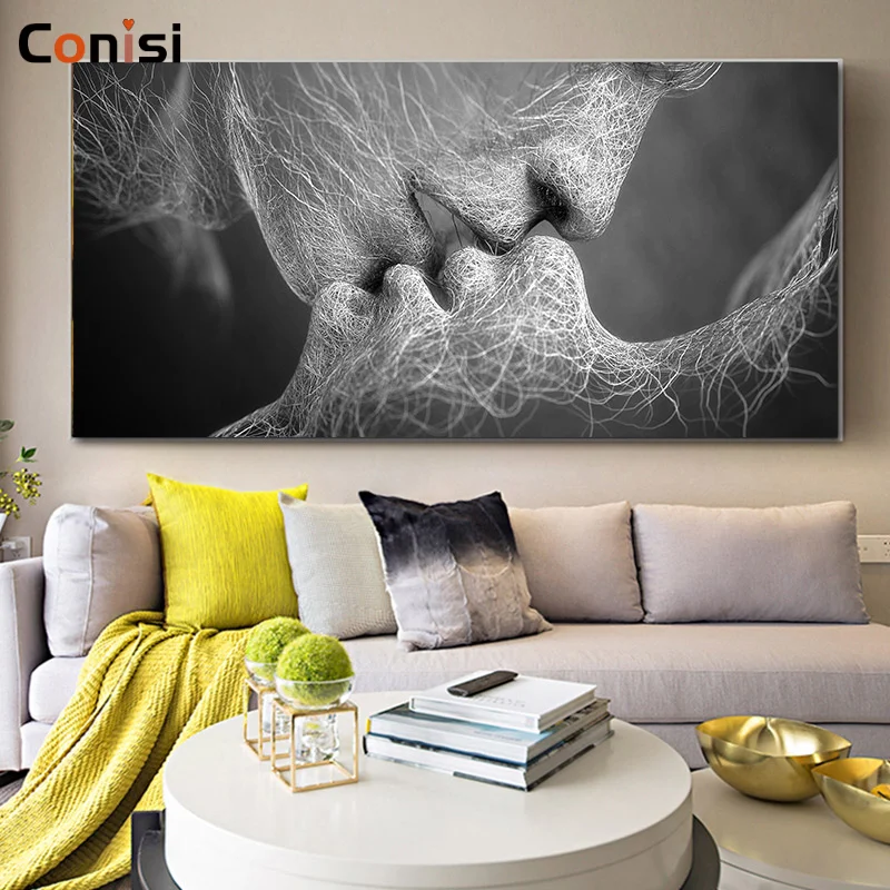 Conisi черный и белый любовь поцелуй абстрактный холст картина постер настенная