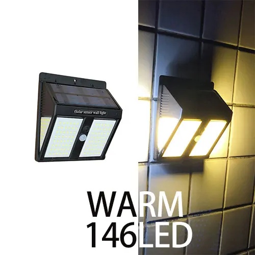 1pcs 146LEDS Warm 146 светодиодный светильник на солнечной батарее, уличный светильник на солнечной батарее, настенный светильник с датчиком движения PIR, водонепроницаемый светильник на солнечной батарее для украшения сада - Испускаемый цвет: 1pcs 146LEDS Warm