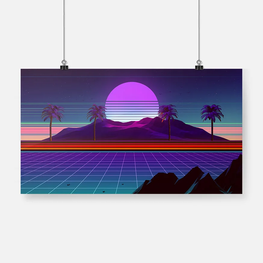 

synthwave scenery mountain palm trees Poster Framed Wooden Frame Canvas Painting Wall Art Decor Study Home Decoration Prints