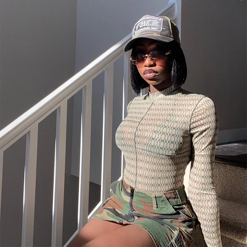 

Autumn/winter new style fungus side net yarn perspective grid printing top women's clothing Sexy and charming ladies daily wear