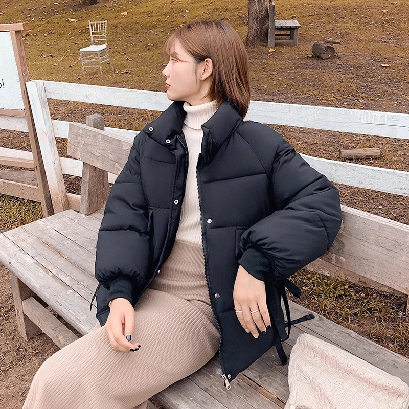 Solid Stand Collar Loose Women's Winter Jacket Korean Style Warm Parka Long Sleeve Oversized coat Black Puffer | Женская одежда