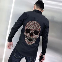 autumn solid color hot diamond style skull mens t shirt button design lapel cotton office business long sleeves