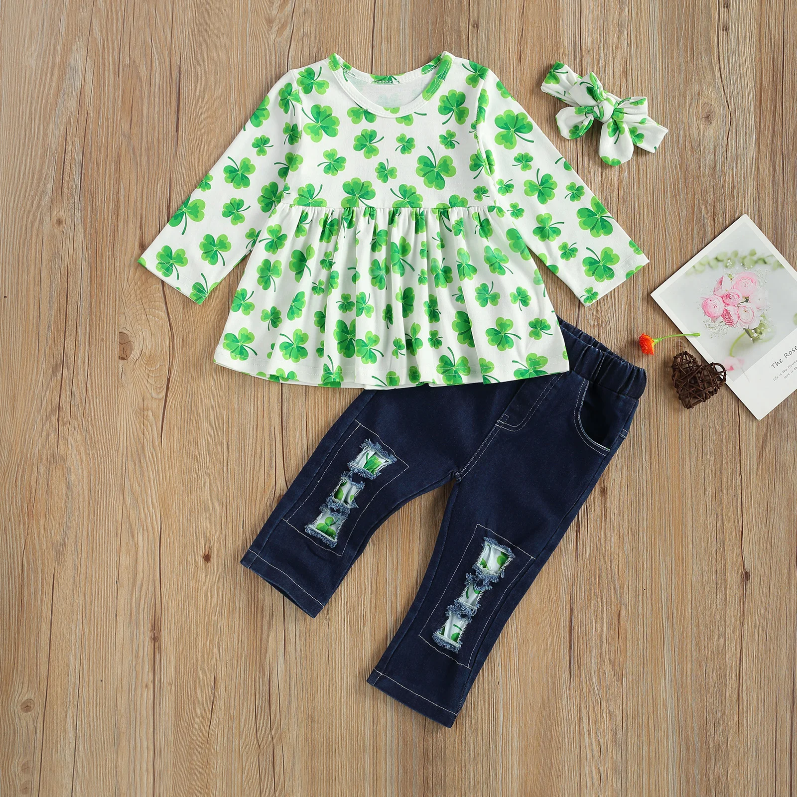 

Kids Girl Clothes Set Printed Long Sleeve Round Collar T-shirt+ Ripped Pants Summer Spring 2-Piece Suit