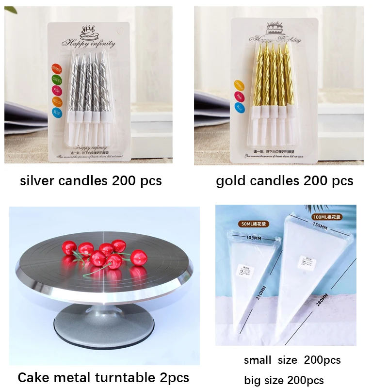 

200pcs silver candles and 200pcs gold candles and 2pcs Cake metal turntable