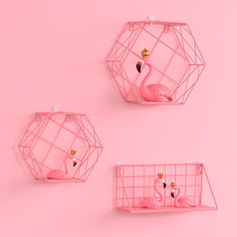 

Nordic Iron Pink Storage Racks Hexagonal Grid Wall Mounted Flower Pot Holder home Wall Decorative shelf Girl room decor 1PC