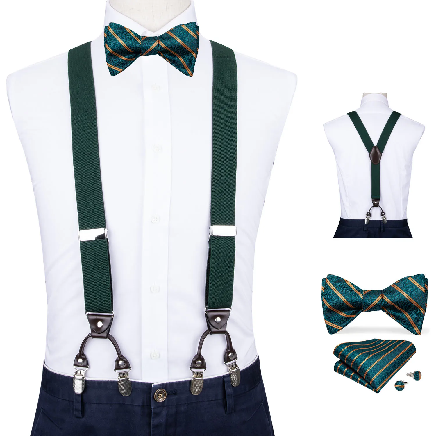 

Men Dark Green Elastic Suspender Genuine Leather 6 Clips Brace Male Vintage Wedding Party Bow Tie Hanky Cufflinks Set DiBanGu