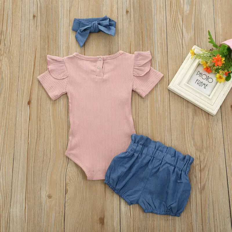 

Infant Baby Girl Kids Sunsuit Clothes Top Romper Bodysuit Pants Headband 3PCS
