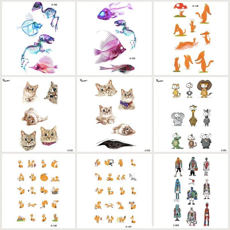 

Wyuen 9 PCS/lot New Design Cat Fake Tattoo Lovely Animal Fox Temporary Arm Tatoo Stickers Women Body Art Fossil Tattoos JY-019
