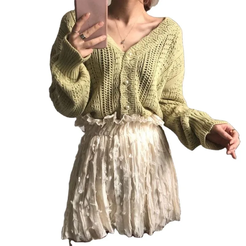 

Early Autumn New Hollow Lazy Style Sweater Coat Crochet Sweater V-neck Knitted Cardigan Women