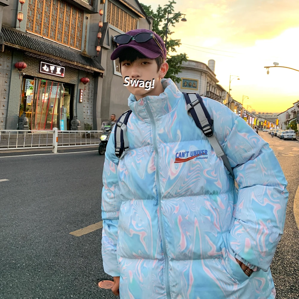 Water Pattern and Letter Print Puffer Jackets for Mens Winter Warm Clothing Plus Size Harajuku Streetwear Loose Fit Bubble Coats | Мужская