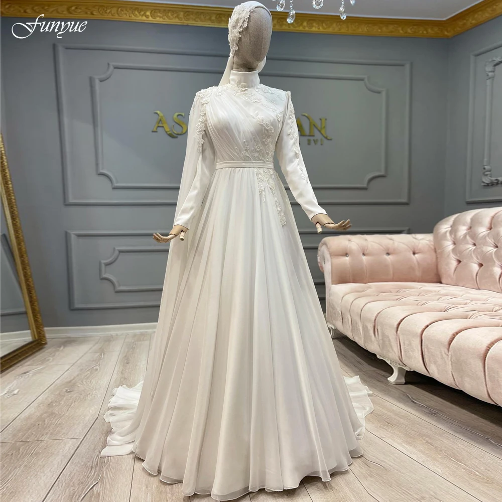 Elegant Muslim Long Sleeve Bridal Dress A-Line Chiffon Lace France Wedding Gown 2022 New High Neck Appliques Vestidos De Novia