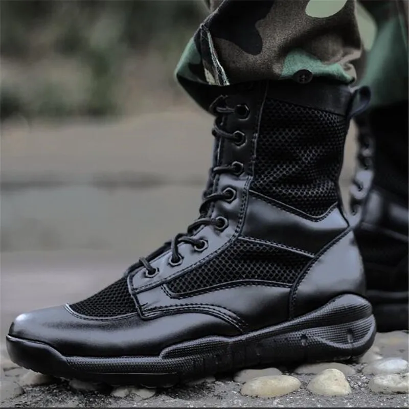 Ботинки мужские сетчатые легкие дышащие боевые ботинки на платформе черные лето