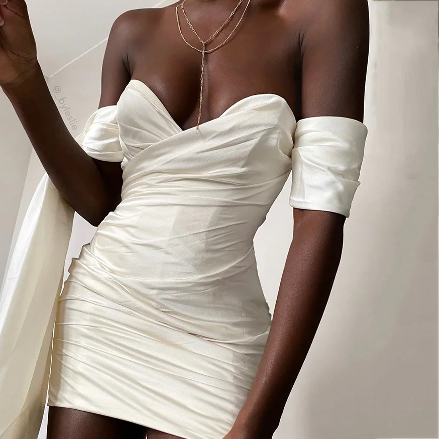 

Birthday White Dresses for Women Summer Vintage Above Knee Mini Strapless Sheath Solid Sleeveless Off Shoulder V-neck Strap Fold