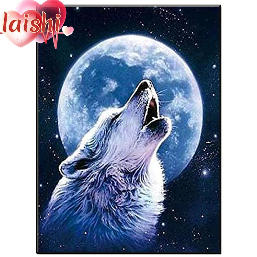 

5D White wolf watching the moon Diamond Painting Full Square round Diamond Embroidery Sale Rhinestones Pictures Diamond Mosaic